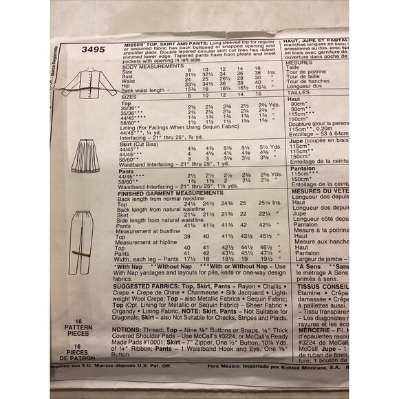 Vtg Mccalls 3495 Liz Claiborne Pleated Pant Top Skirt 1987 Uncut Complete FF 14 - Picture 4 of 10
